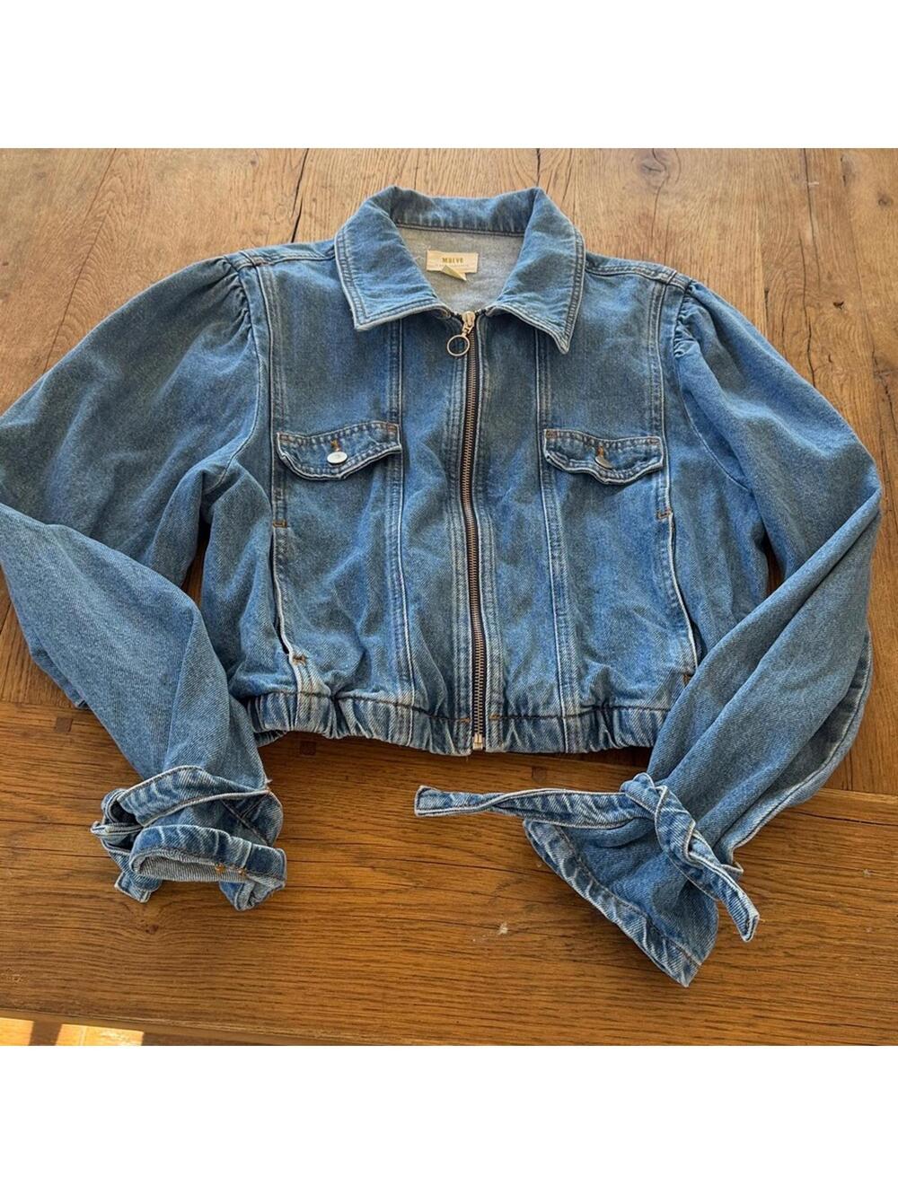 Anthropologie Maeve Puff-Sleeve Denim Bomber Jacket size large